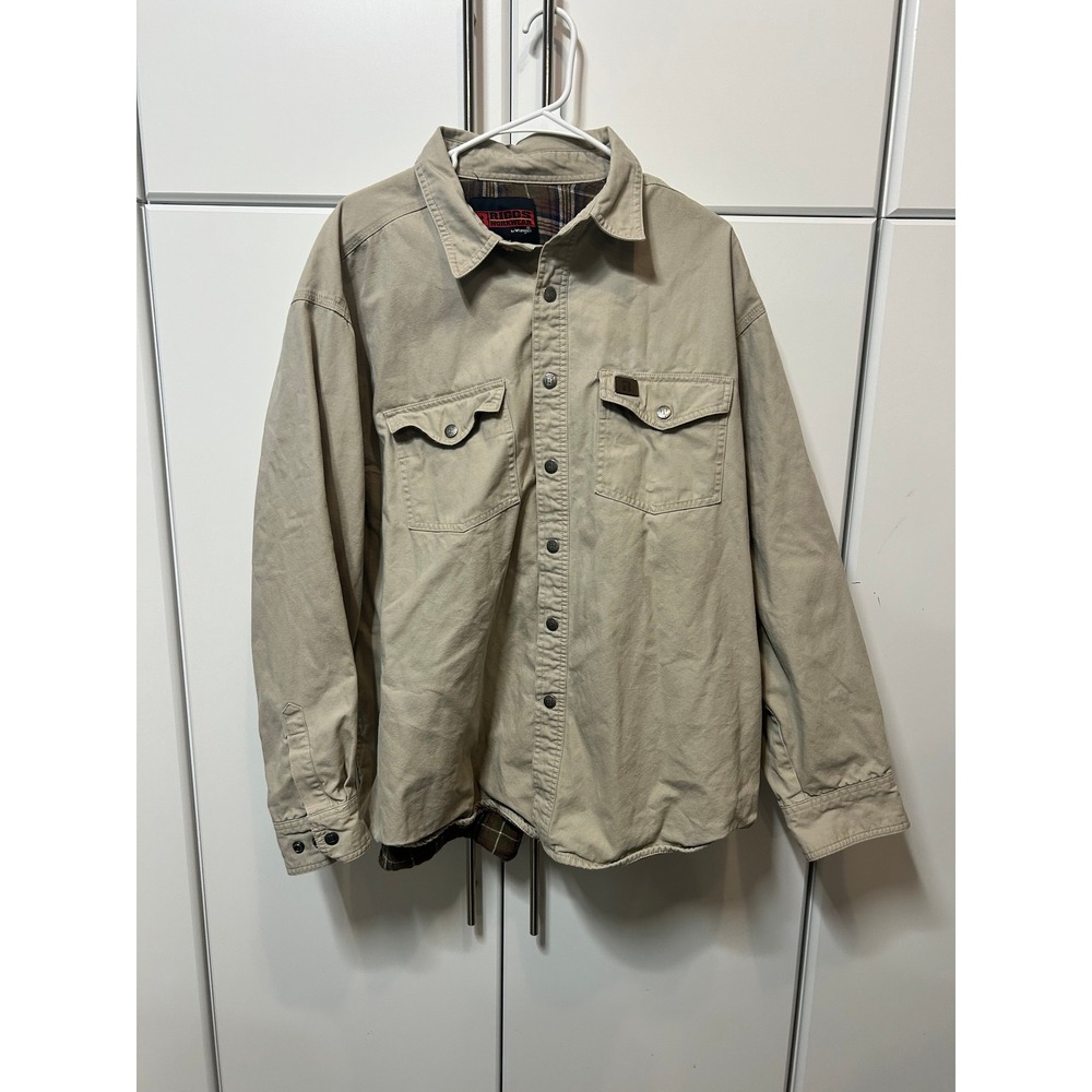 Wrangler Riggs Workwear Mens Tan Khaki Flannel Lined Canvas Shirt Jacket Snap Up